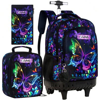 三件套艺术蝴蝶装饰拉杆背包，耐用涤纶材质，拉链封口，含午餐袋和铅笔盒，适合上学和休闲外出。