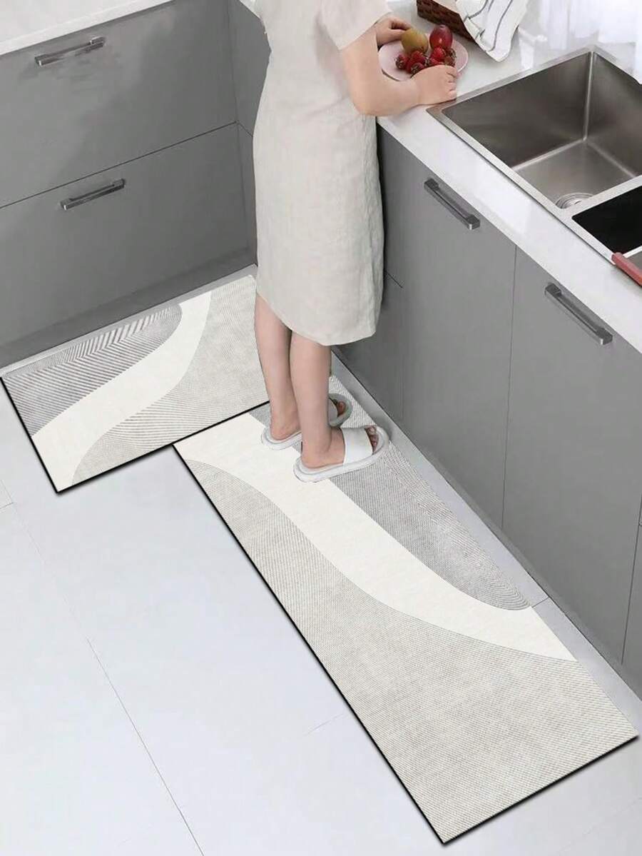 1pc Silica Gel Modern Minimalist Abstract Wave Pattern Kitchen Mat, Pure White Base With Fine Gray Lines Outlining Smooth S-Shaped Curves, Lightweight And Soft Visual, Combining Minimalist Texture And Flowing Rhythmic Beauty. Surface Fabric Material, Middle Sponge Absorbent Material, Bottom Rubber Material Non-Slip And Waterproof Kitchen Rug And Carpet - Multicolor - View 1