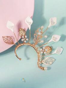 1件 Fairycore 金叶白花耳夹，米白色珍珠装饰，无需耳洞，夹式耳环，适合女性婚礼、新娘舞会等场合，左耳 - 金色 - 查看 10