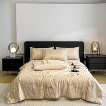 1pc Minimalist Marble Pattern Foil Washed Mulberry Silk Lightweight Breathable Soft Summer Quilt, Machine Washable, Suitable For Bedroom And Guest Room All Seasons (Excluding Pillow And Pillowcase) - Golden Glow - Light Champagne - View 5