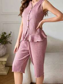 Women's Fashion Cardigan With Button, Ruffle Hem Sleeveless Shorts, Minimalist Stylish Pajama Loungewear Set - Pink - View 7