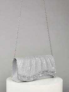REMANLAND 1pc Women's Mini Glitter Shiny Chain Folding Wrinkle Square Bag, Ideal For Wedding, Party, Evening, Prom And Dinner Banquet, Elegant Matching With Prom Dresses, Sequin Dresses And Bridal Party Looks - Silver - View 3