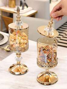 1pc Luxury Glass Candy Storage Jar, European Style, Kitchen Living Room Wedding Decor Container, Suitable For Nuts, Snacks, Fruits And Other Home Food Storage, Airtight Food Dispenser Display Jar - Gold - View 1