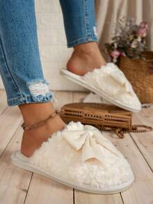 女士仿毛皮蝴蝶结拖鞋，流行跨境拖鞋 - 杏色 - 查看 4