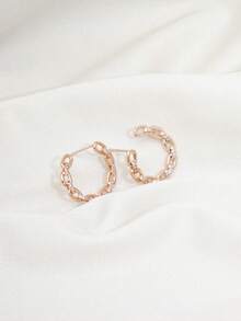 1 Pair Minimalist Design Chain & Cubic Zirconia Alternating Stud Earrings, Copper Inlaid Zirconia Earrings Suitable For Music Festivals - Rose Gold - View 3