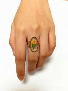 New Handmade Dried Flower Oil Drop Ring, Creative Stainless Steel Oval Heart Shaped Dried Flower Handmade Oil Drop Open Ring, Sweet Cute Everlasting Flower Ring For Women, Non-Fading - Multicolor - View 17