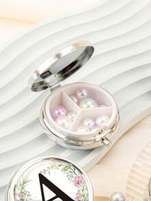 1pc 3-Compartment Portable Pill Case, Polished Metal Material, French Luxury Floral & Letter Print Round Lid Compact Pill Box, Moisture-Proof Carry-On Storage Box, Suitable For Daily Commute, Travel, Elderly, Pregnant Women, Office Workers - one-size - View 3