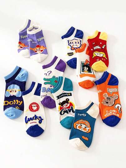 1双/10双装女士袜子，可爱有趣的卡通创意独特设计，柔软舒适，适合春夏休闲穿着，透气吸湿，时尚运动短袜，适合成人/学生户外/日常休闲穿着