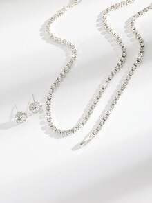 3pcs Set Minimalist Chic Silver Rhinestone Stud Earrings & Tennis Chain Necklace, Sparkling Jewelry Set, Suitable For Weddings, Galas, And Daily Gifting - White - View 3