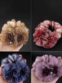 1 unidade de elástico de cabelo floral, elegante faixa elástica de cabelo em tule com flor, acessório de cabelo para o verão, disponível em várias cores, material leve, design exclusivo com flor dupla, moderno e de alta qualidade, também pode ser usado como decoração de mão. - Multicolorido - Ver 5