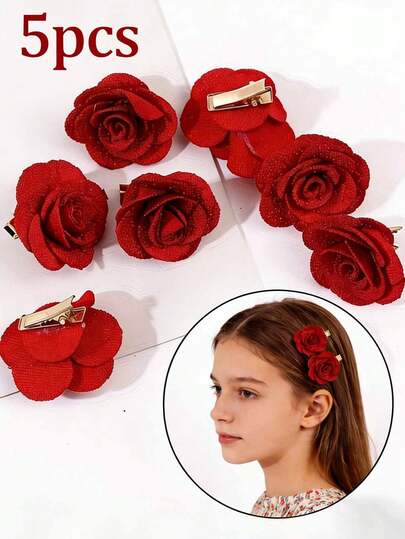 10pcs Girl'S Red Fabric Rose Hair Clips Suitable For Valentine'S Day, Parties, Gatherings, Weddings, And Everyday Wear