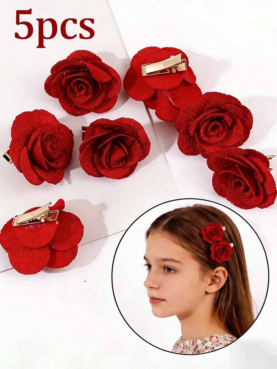10pcs Girl'S Red Fabric Rose Hair Clips Suitable For Valentine'S Day, Parties, Gatherings, Weddings, And Everyday Wear - Multicolor - View 1