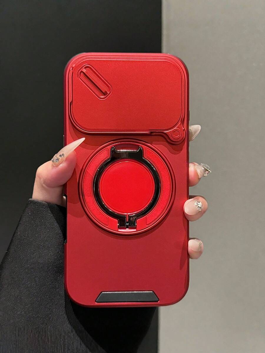 Military Industry Anti-Fall 1pc Sliding Window Ring Holder Wireless Charging Phone Case Compatible With IPhone 17 AIR 16 15 14 13 12 11 Pro Max Plus Soft Silicone Back Cover - Red - View 1