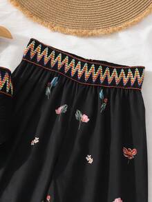 2pcs/Set Girls Casual Criss-Cross Strap Tank Top And Ditsy Floral Straight Leg Pants, Summer - Black - View 7