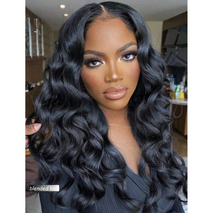 36 Inch 13x4 Wavy Texture Mixed Hair Wig, 180% Density High Definition Lace Front Wig, Mixed Human Hair Lace Front Wig Pre-Plucked With Baby Hair, Natural Black - Natural & Black - View 1