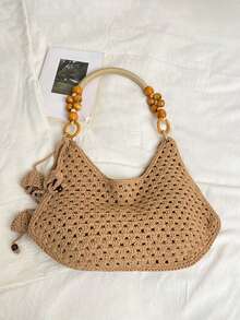 Handmade Open Work Crochet Tote Bag Boho Beech Bag With Wooden Bead Strap Gift For Her - Khaki - View 8