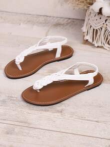 新款时尚女士沙滩凉鞋，平底人字拖，纯色沙滩PU皮编织凉鞋，夏季款 - 白色 - 查看 7