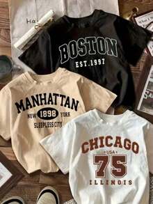 Set Of 3 Printed T-Shirts - Cities: Manhattan, Chicago, Boston - Round Neck, Short Sleeve, American Style, Spring/Summer - Comfortable Blouse, 100% Cotton - Blogger Style T-Shirt - PT/BC/BG - 查看 1