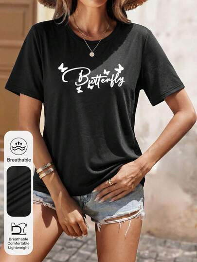 大码女式日常蝴蝶艺术字体图案圆领短袖休闲夏季女式上衣，蝴蝶剪影图案时尚百搭女式黑色T恤