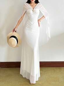 Top Dazzle Women's Sexy V-Neck Sleeveless Knitted Long Dress With Contrast Mesh Details, Elegant Off-Shoulder Gown For Prom And Parties - White - View 1
