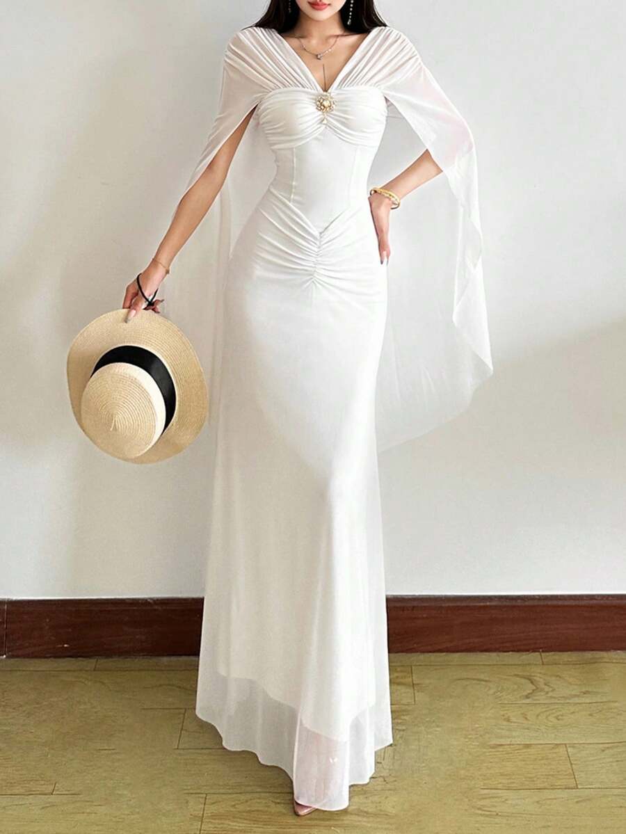 Top Dazzle Women's Sexy V-Neck Sleeveless Knitted Long Dress With Contrast Mesh Details, Elegant Off-Shoulder Gown For Prom And Parties - White - View 1