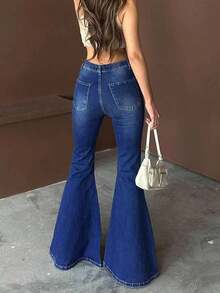High Waist Elastic Black Flare Jeans, Y2K Style Washed Flare Pants, Elegant Retro Sexy Flare Pants, Summer 2026 - 深色洗 - 查看 7