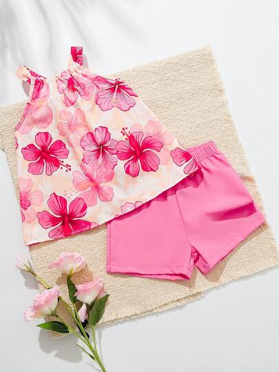 2pcs/Set Girls Floral Print Camisole Top And Shorts Set, Spring/Summer