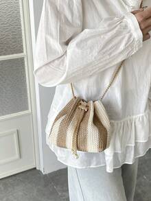 条纹时尚新款单肩斜挎包，公文包式通勤包，抽绳水桶包，配简约时尚金属链条肩带 - 卡其色 - 查看 6