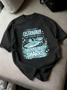 Maglietta divertente con grafica squalo della Groenlandia, 100% cotone, scollo tondo, vestibilità ampia, comoda, stampa accattivante - nero - Visualizzare 2