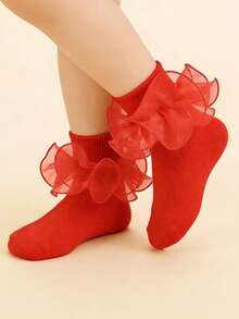 1双女童/幼儿公主荷叶边袜，红色 - 紅色 - 查看 2