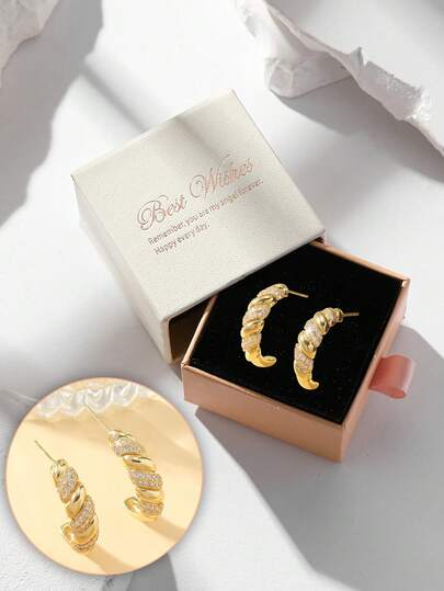 1 Pair Charming Gold Spiral Earrings, Shining Cubic Zirconia Spiral Earrings, Suitable For Weddings, Parties, Galas, Holiday Gifts