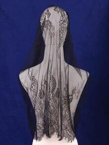 1pc Black Lace Bridal Veil, Women's Solid Color Lace Embroidered Shawl Scarf Muslim Headscarf - 黑色 - 查看 7