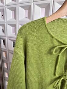 [Áo] Áo khoác cardigan dài tay màu trơn, kiểu dáng tối giản, phù hợp công sở, cổ điển, đơn giản, phong cách Pháp, áo cardigan dệt kim màu trơn thắt nơ phía trước dành cho nữ, có thể mặc ngoài áo sơ mi, áo cardigan dáng rộng dễ thương. - Màu xanh Ô liu - Xem 6