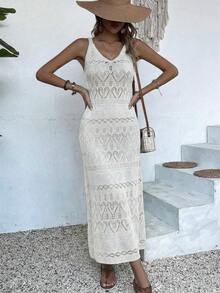 优雅女士休闲纯色针织长裙，无袖沙滩裙，适合春夏穿着，白色轻盈度假装，简约复古风格，适合返校季，秋冬长款派对裙，适合圣诞节、感恩节和新年等场合。 - 白色 - 查看 3