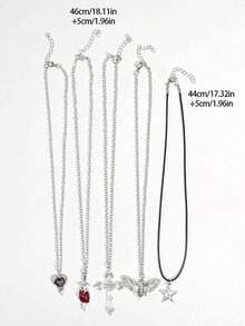 5件套复古哥特式十字架、红心、蝴蝶、宝剑、星星、融化之心Y2K项链套装，男女皆宜 - 銀色 - 查看 5