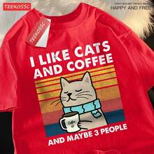 Vintage T Shirts I Like Cats And Coffee Men Women T-Shirt Cotton Tee Clothes Hip Hop Loose Tshirt Fashion Crewneck T-Shirt Streetwear Couple Best Gift, Patterned Short Sleeve T-Shirt Graphic T Shirt - 紅色 - 查看 7