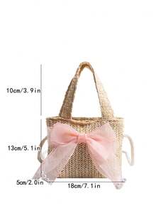Pink Bow Straw Handbag, Girly Woven Underarm Bag, Summer Mini Purse - Multicolor - View 6