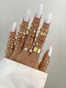 28pcs Heart Shaped Geometric Bohemian Style Rhinestone Accent Minimalist Wave Knuckle Rings, Suitable For Women's Daily Wear, Dates, Parties, Valentine's Day, Anniversary, Gifts For Girlfriends, Friends, Party, Street Style (Includes Size Chart, Do Not Shower Or Forcefully Bend, Please Purchase Carefully) - 金色 - 查看 1