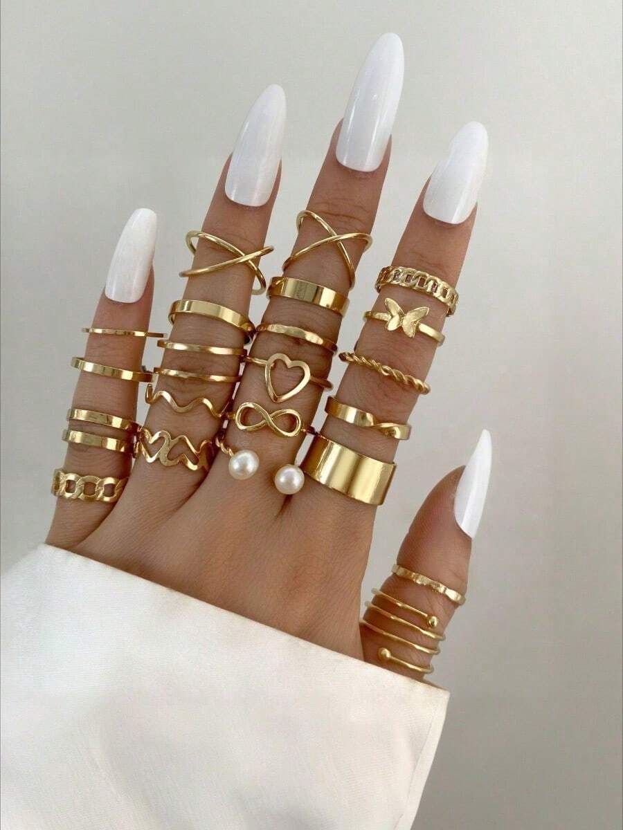 28pcs Heart Shaped Geometric Bohemian Style Rhinestone Accent Minimalist Wave Knuckle Rings, Suitable For Women's Daily Wear, Dates, Parties, Valentine's Day, Anniversary, Gifts For Girlfriends, Friends, Party, Street Style (Includes Size Chart, Do Not Shower Or Forcefully Bend, Please Purchase Carefully) - 金色 - 查看 1