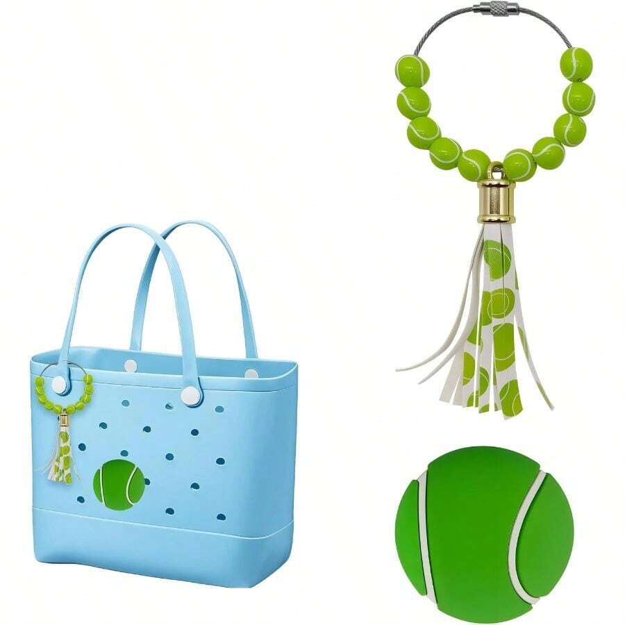 2 Pcs Tennis Beaded Charms With Tassels Bogg Bags - Sporty Beach Bag Accessories, Compatible With Simply Other Rubber Beach Bags - 升級版網球 - 查看 1