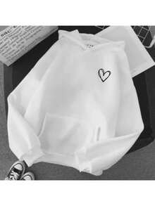 Plain Kangaroo Hoodie With Pocket, Unisex, Heart Design, Cold Weather Sweatshirt - 白色 - 查看 1