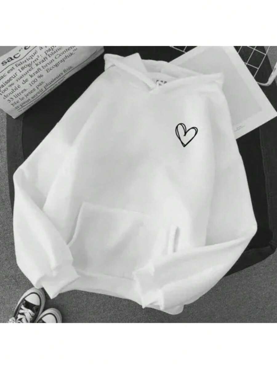 Plain Kangaroo Hoodie With Pocket, Unisex, Heart Design, Cold Weather Sweatshirt - 白色 - 查看 1