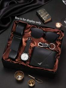 5pcs/Set Men's Business Quartz Pointer Single Calendar PU Strap Watch, Black High-End Wrist Watch Set For Male Students And Adults - Black - View 4