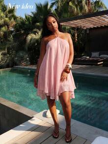 女士粉色露背亮片迷你连衣裙，飘逸宽松度假风连衣裙，适合日常外出、闺蜜聚会、音乐节等场合 - 粉色 - 查看 7