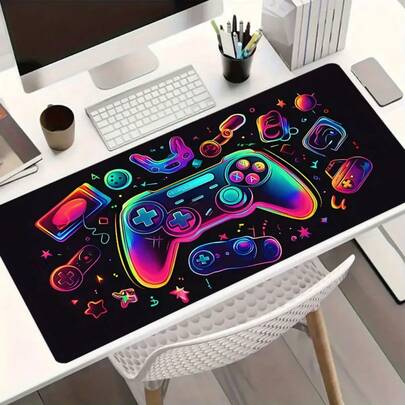 1pc Neon Game Pattern Large Gaming Mouse Pad,Game Controller Design Extended Desk Mat,Office Desk Accessories Non-Slip Stitched Edge Computer Mat ,Rubber Base Laptop Keyboard Pad For Home Office & Gamer,Durable And Spill-Resistant