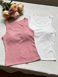 两件套纯色简约吊带背心，舒适带衬垫胸罩，女士运动背心 - 彩色 - 查看 4
