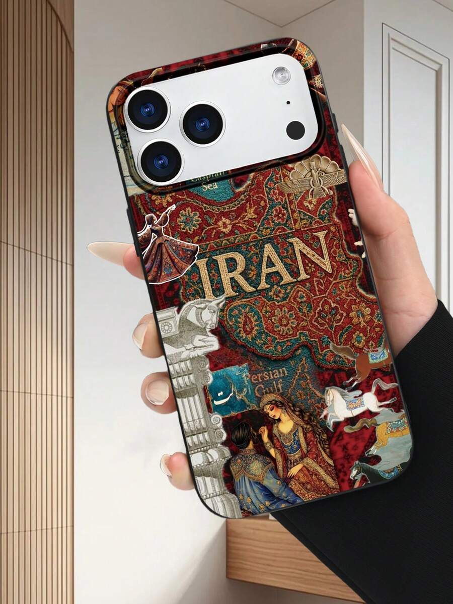 波斯地毯图案拼贴艺术手机壳，2D打印手机壳，流行经典新款优雅中东绅士领带设计，适合作为生日/节日礼物送给朋友、家人、情侣或自己，黑色软壳，兼容 17/16/15/14/13/12/11/Pro/Pro Max/X/XR/XS/XS Max/7/8/Plus/Air/SE2/3 - 黑色 - 查看 1