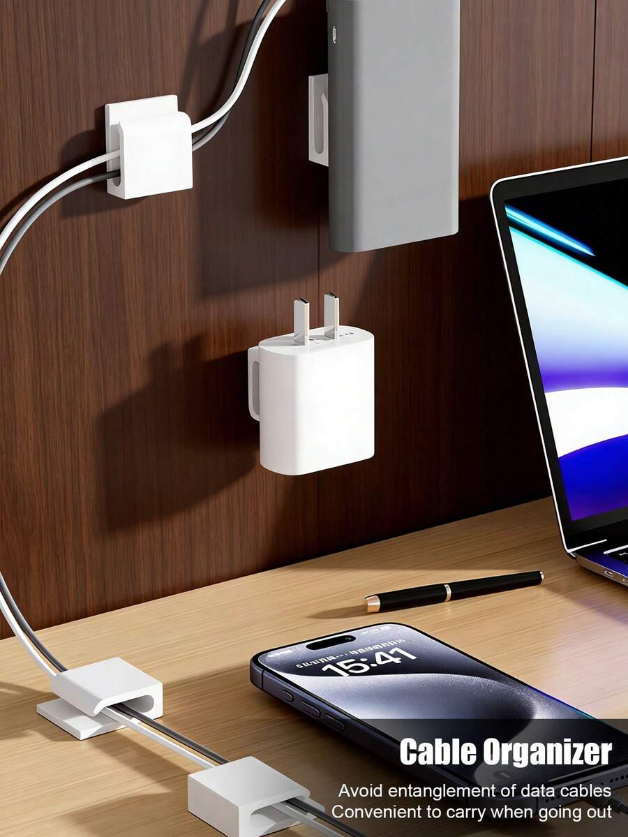 Multi-Functional Cable Organizer Clips, Desk/Wall Mounted Self-Adhesive Cable Holder, Charge/Data Cable Management, Anti- Portable Cable Clips, Charger Holder, Phone Charging Cable Clamp Hooks With Strong Adhesive - White - View 1