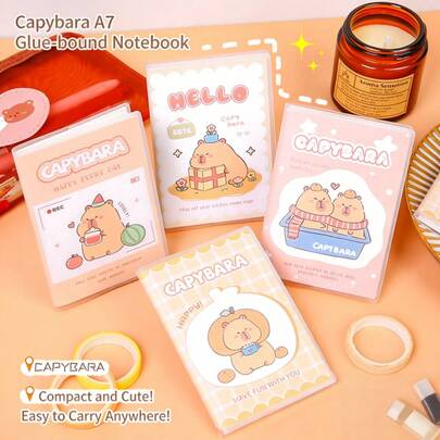 Kawaii Capybara A7 Mini Notebook With Plastic Cover, 120 Pages Lined Paper, Ideal For School, Office & Travel, Cute Stationery Gift