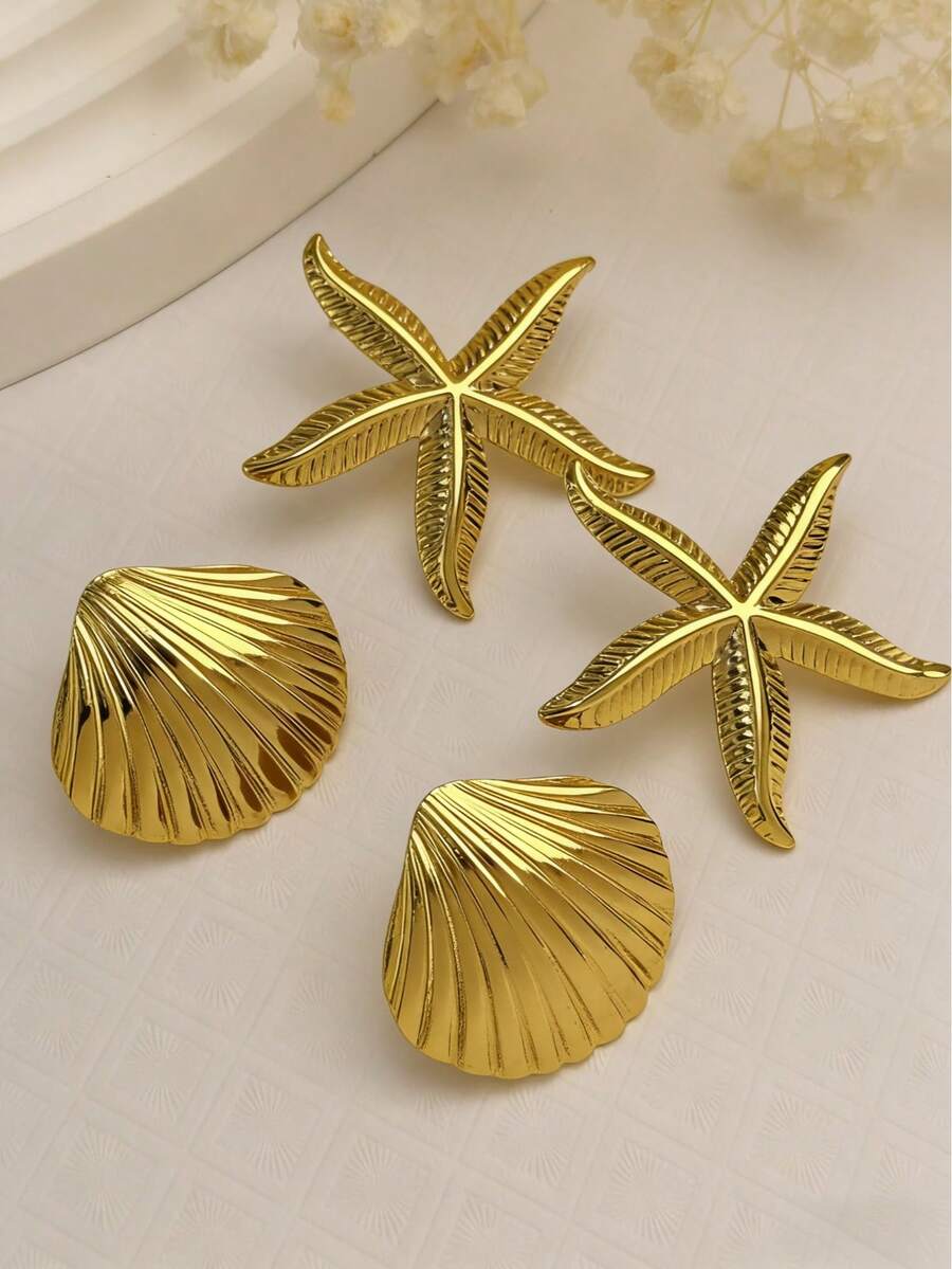 2 Pairs Fashion Asymmetrical Starfish/Shell Stud Earrings - Ocean Theme Jewelry, Perfect For Daily Wear And Vacation
